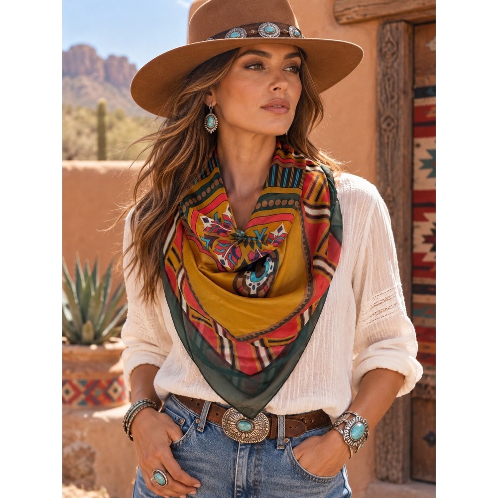 SWINSF Silk Touch Square Scarf Southwestern Geometric Medallion Mustard Green